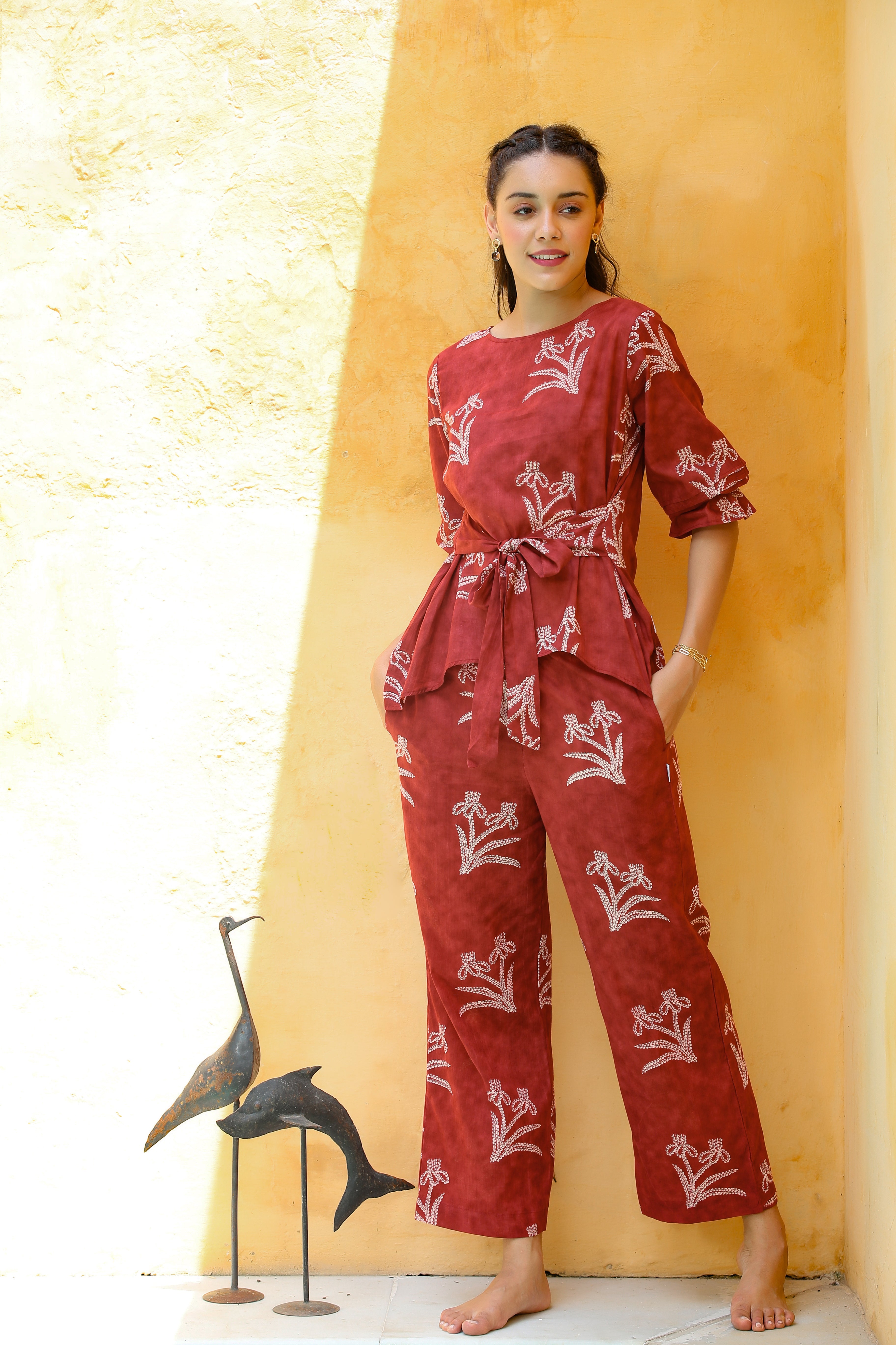 Shibori with Front Knot on Maroon Co-ord Set