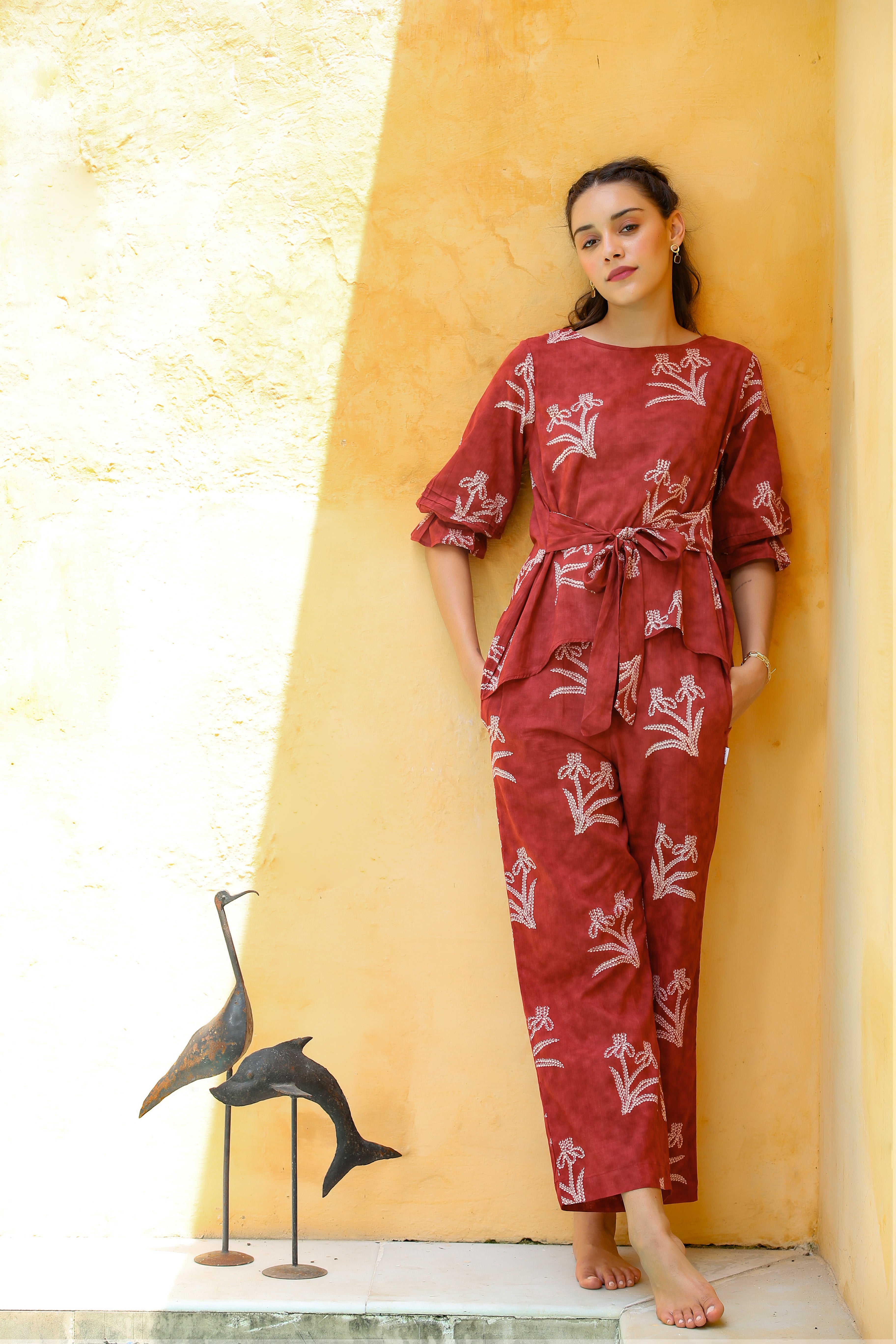 Shibori with Front Knot on Maroon Co-ord Set