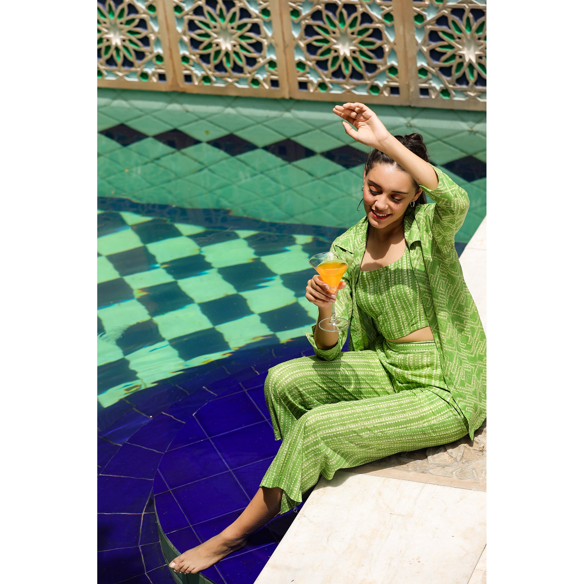 Handcrafted Shibori on Light Green Cotton Three piece set