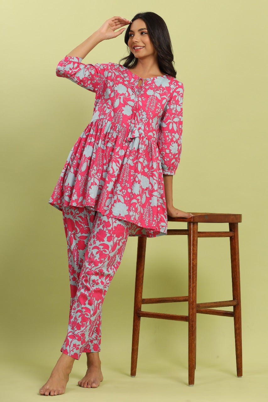 Pink and Turquoise Flip on Cotton Loungewear Top Set