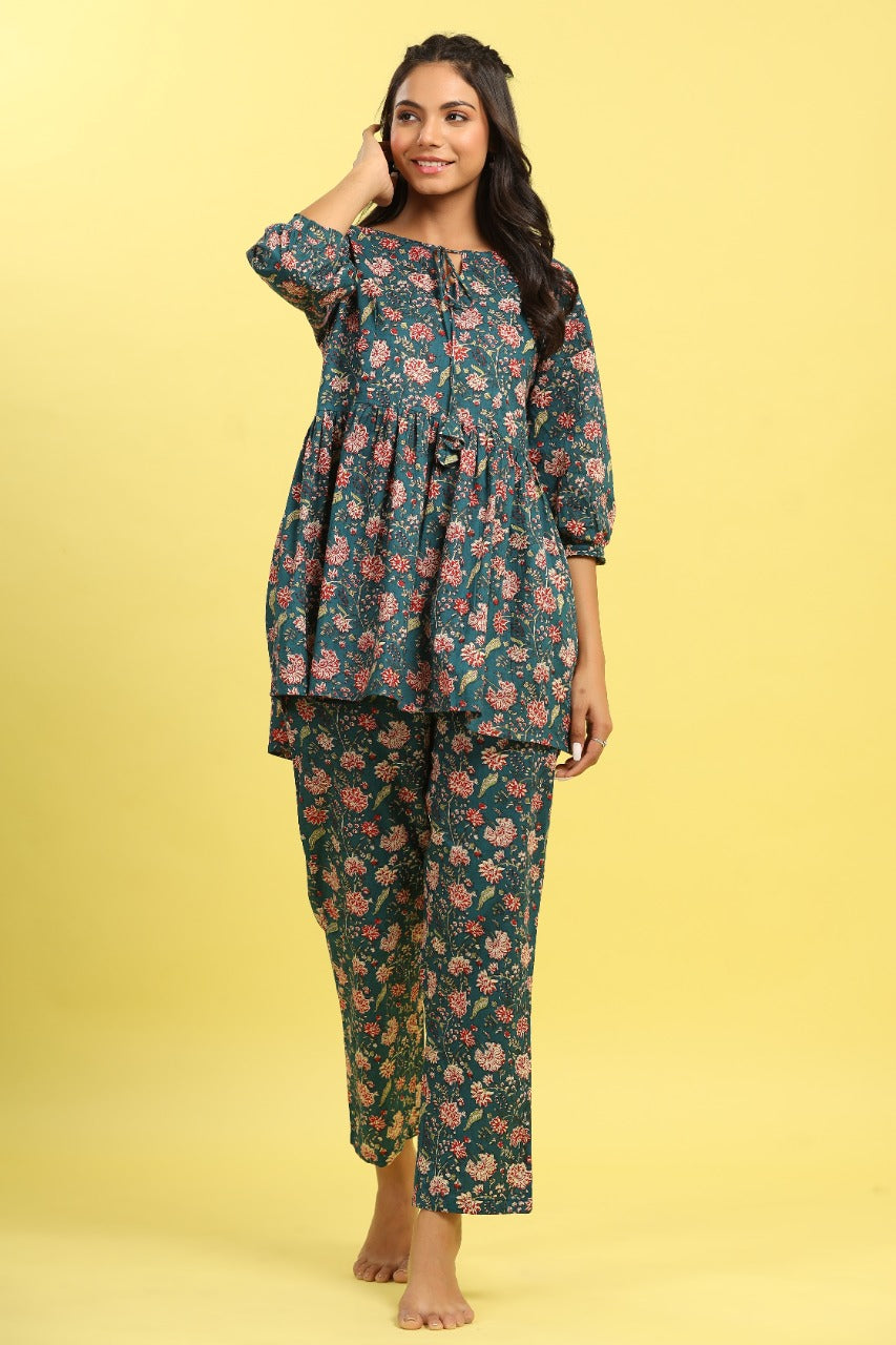 Teal Love on Cotton Peplum Loungewear Top Set