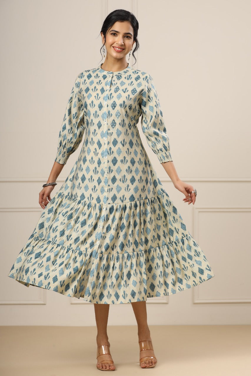 Minimalist Motifs on Off-white Silk MIDI Dress