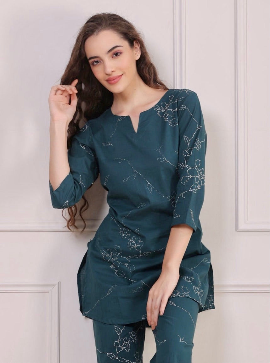 Floral Dots on Emerald Cotton Palazzo Loungewear Set