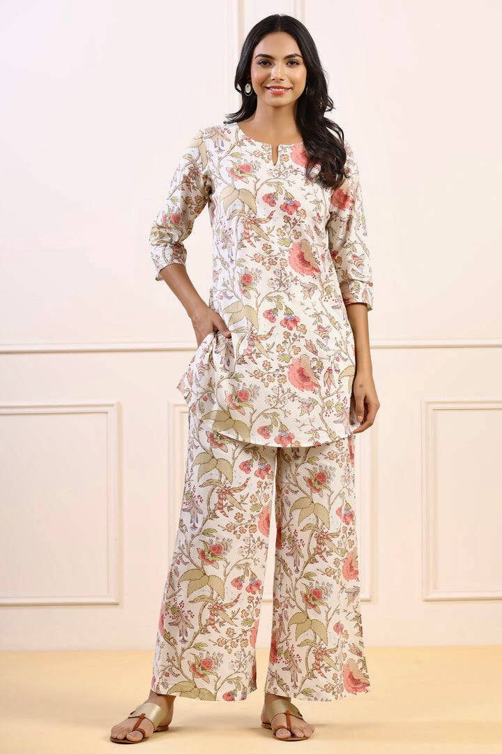 Soothing floral on Off-white Cotton Palazzo Loungewear Set