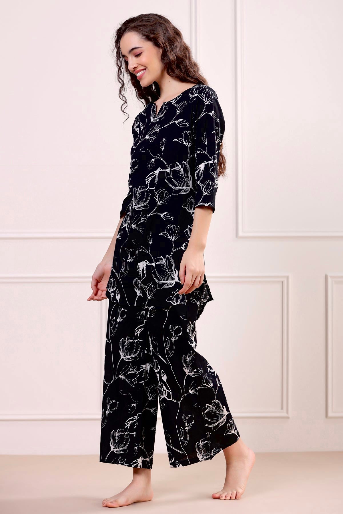 Abstract Floral on Black Cotton Palazzo Loungewear Set