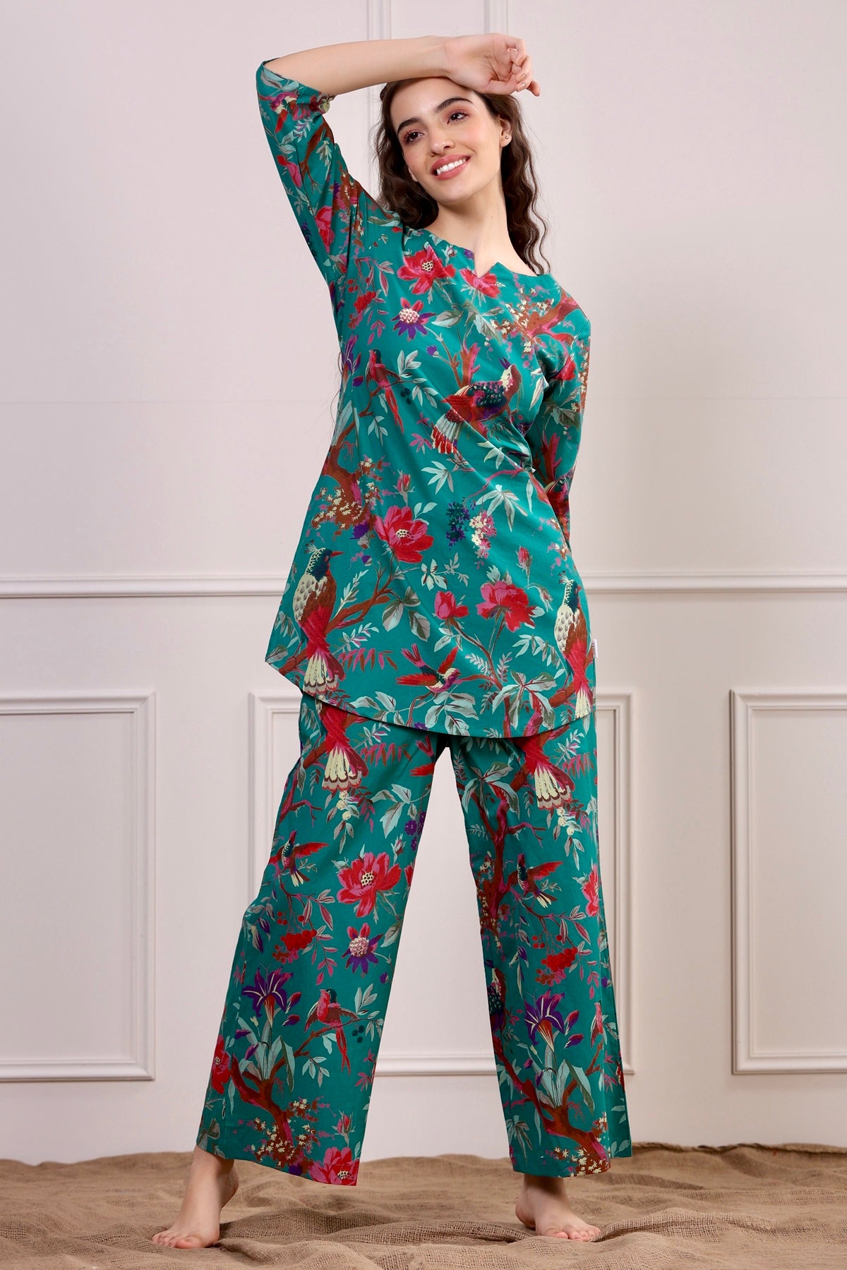 Chirping Bird on Teal Cotton Palazzo Loungewear Set