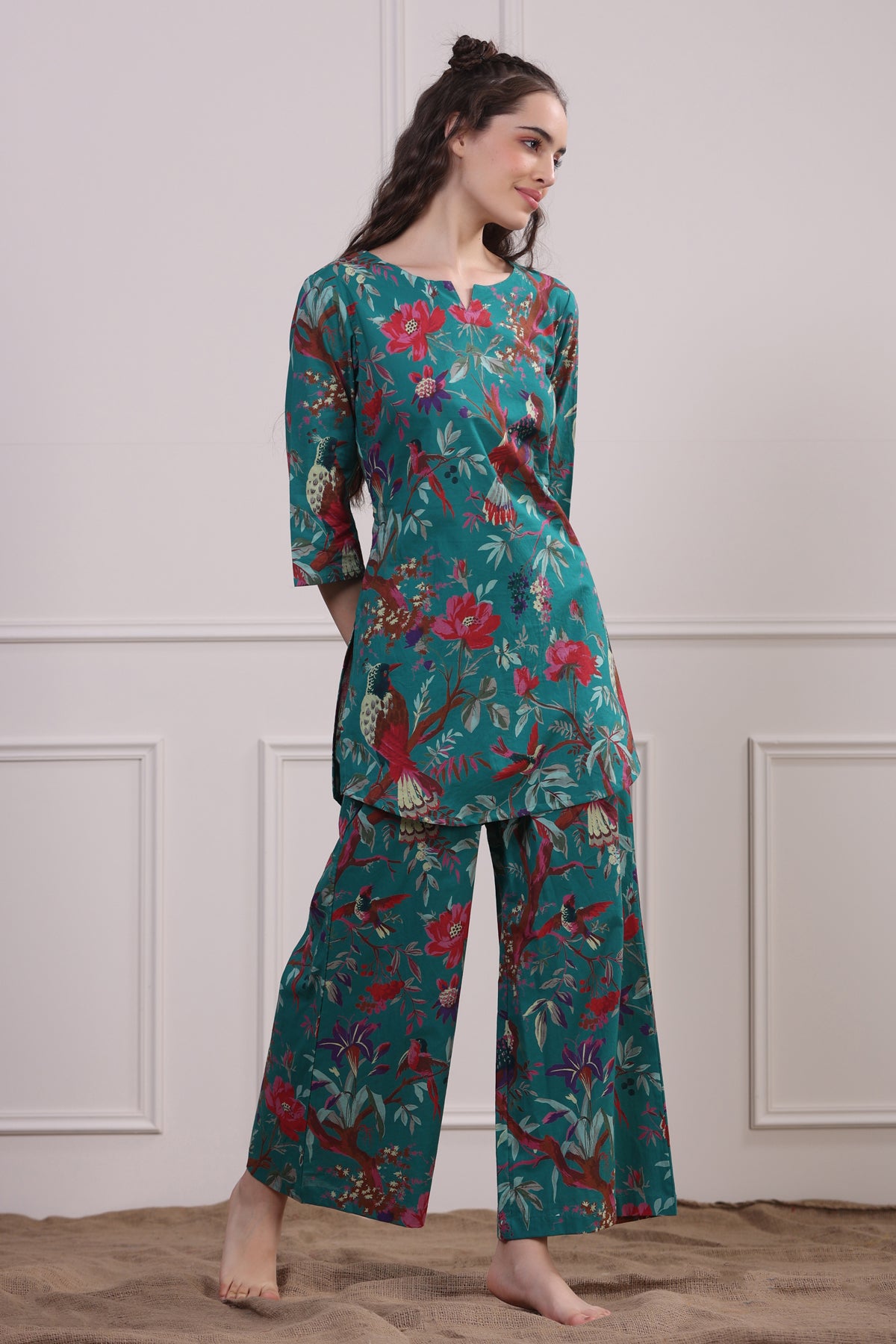 Chirping Bird on Teal Cotton Palazzo Loungewear Set