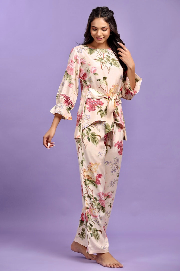 Floral Bouquet Cream Coloured Russian Silk Co-ord Set