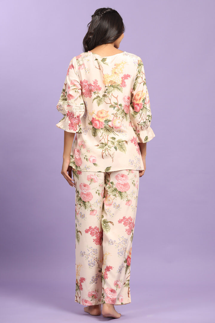 Floral Bouquet Cream Coloured Russian Silk Co-ord Set