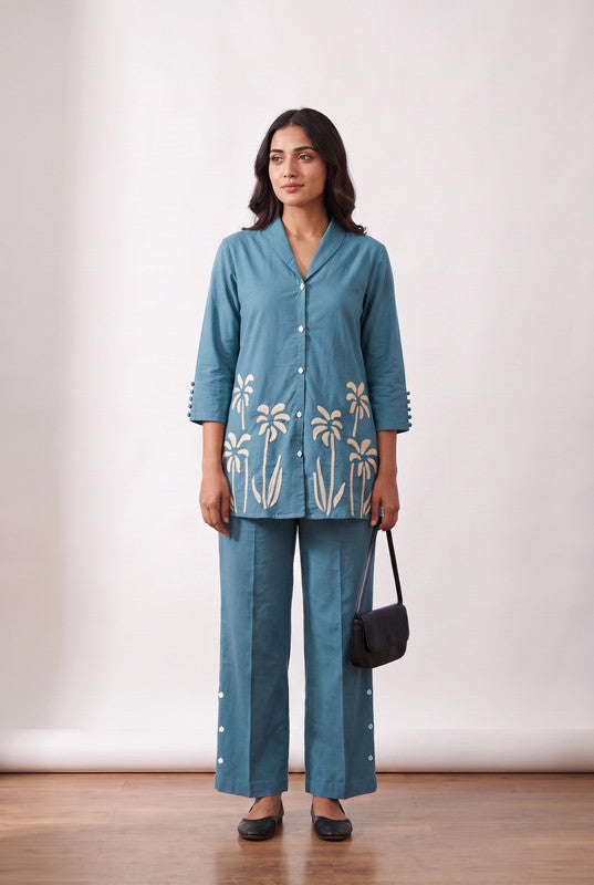 Teal Blue Floral Cotton Flex Embroidered Co-Ord Set