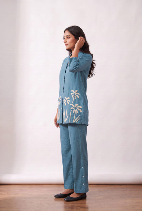 Teal Blue Floral Cotton Flex Embroidered Co-Ord Set