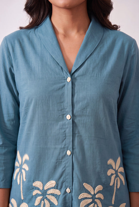 Teal Blue Floral Cotton Flex Embroidered Co-Ord Set