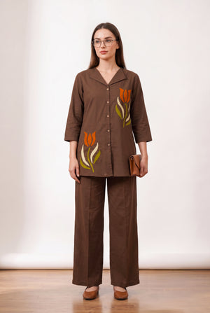 Brown Tulip Hand Embroidered Cotton Flex Co-ord Set
