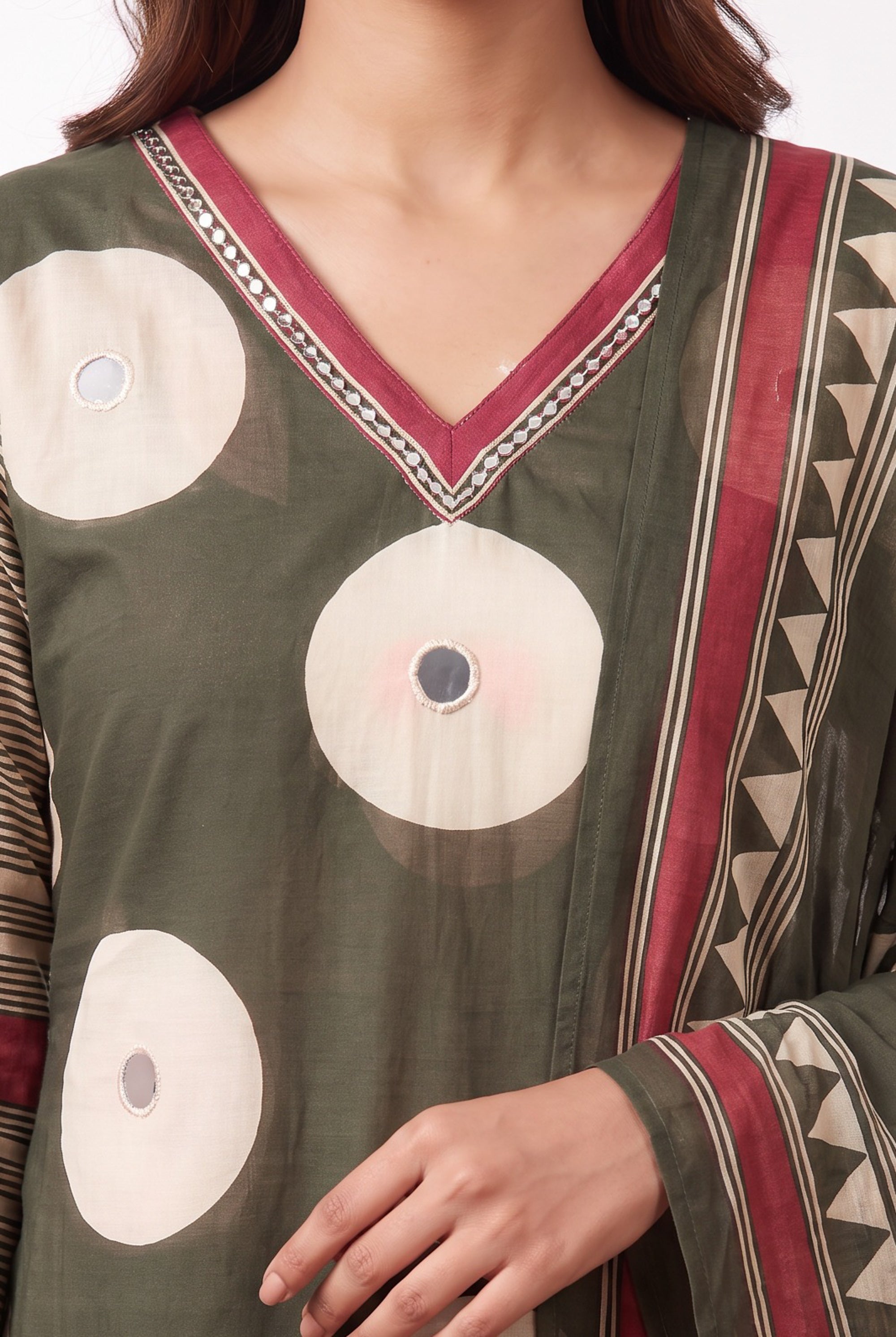 Green Abstract Circle Printed Cotton Kurta with Straight Pants & Dupatta