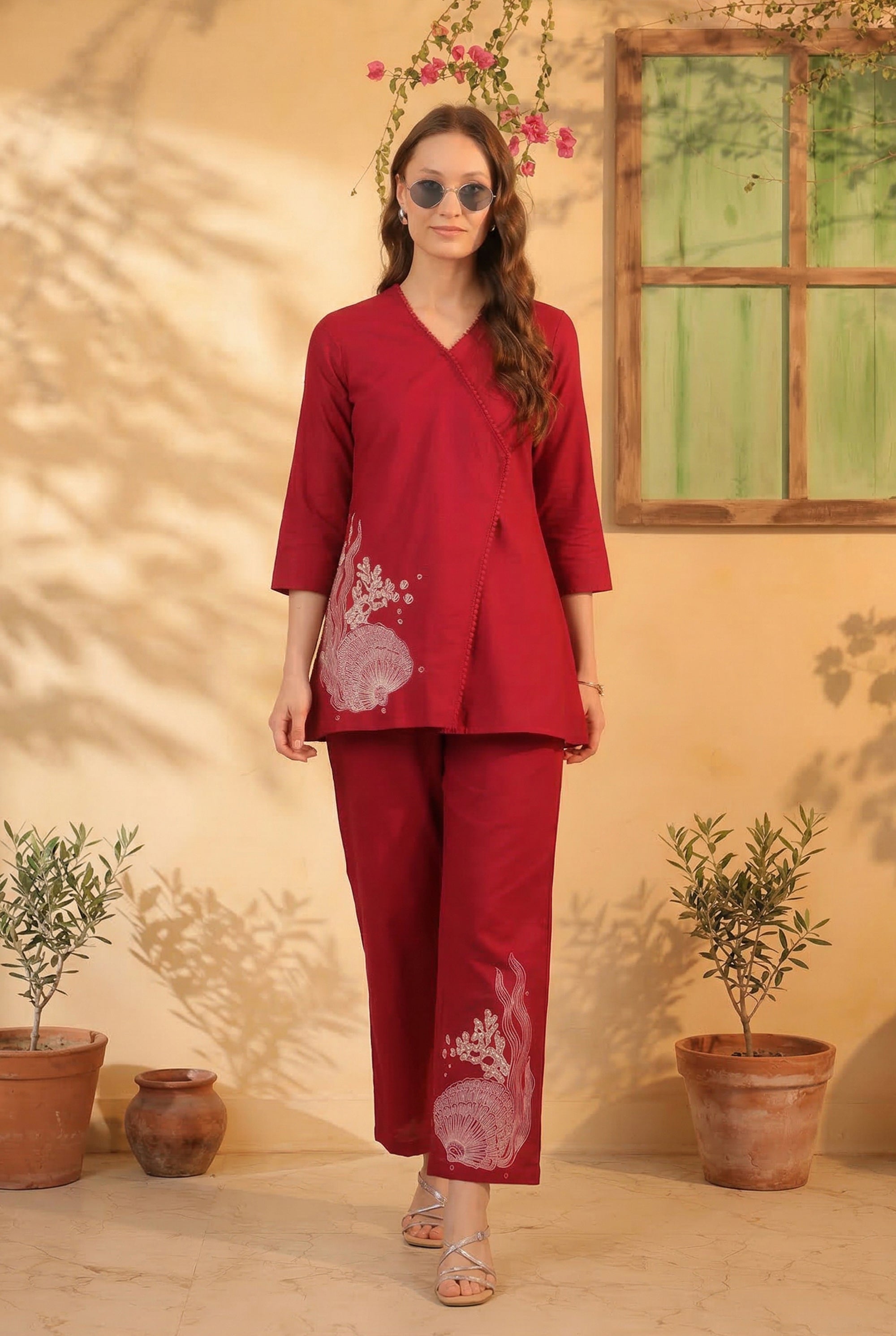 Red Wrap Style Placement Embroidered Cotton Flex Two Piece Co-ord Set
