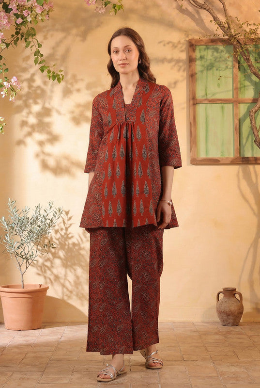 Maroon Ethnic Traditional Printed CTunic & Pant Co-ord Set