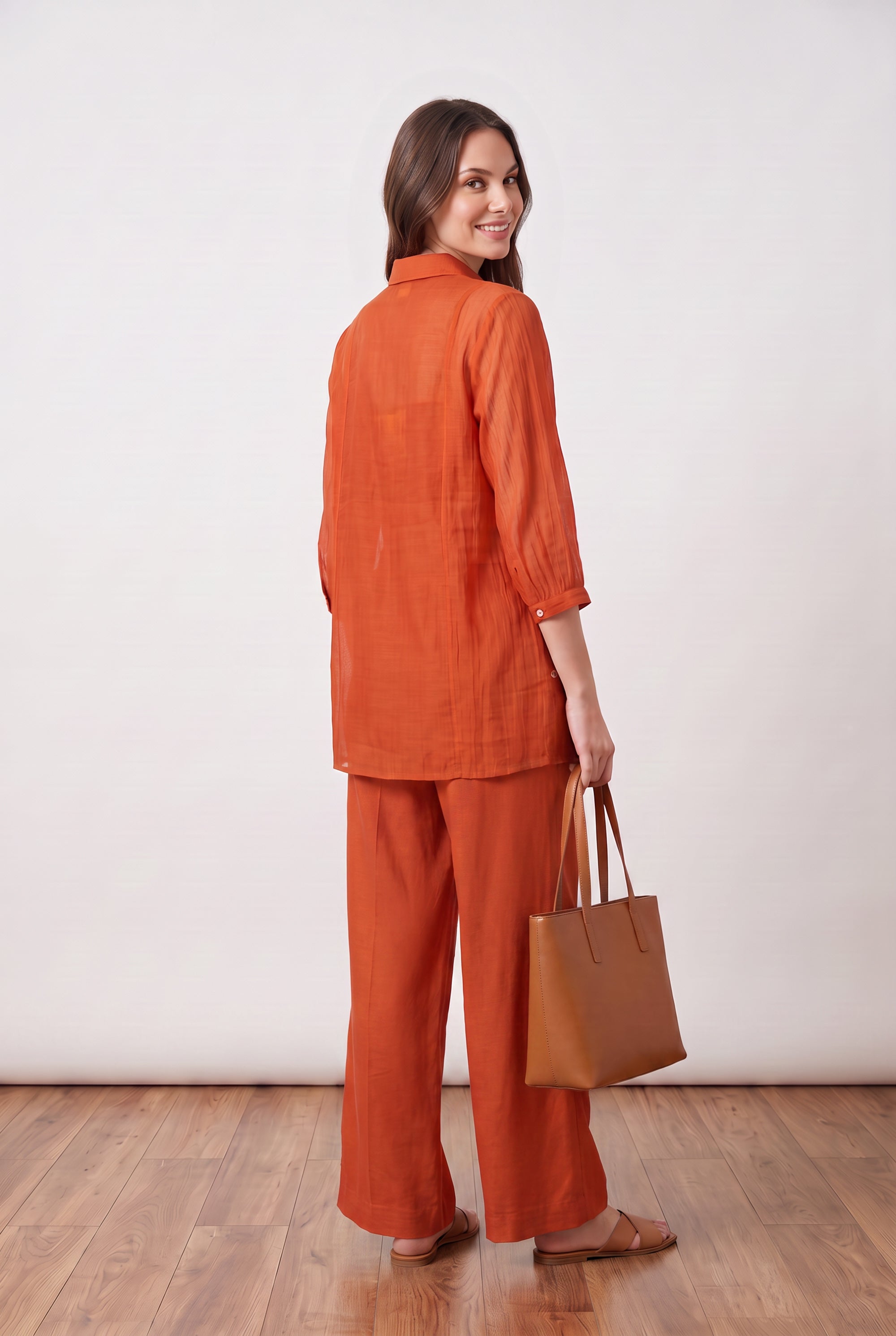 Rust Orange Pintuck Embroidered Shirt with Straight Pant Co-ord Set