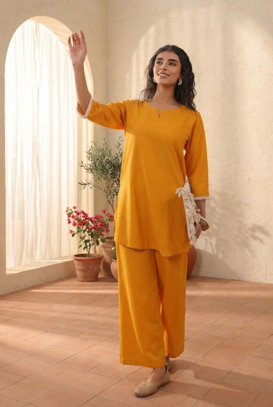 Mustard Yellow Elegant Solid Cotton Flex Co-ord Set