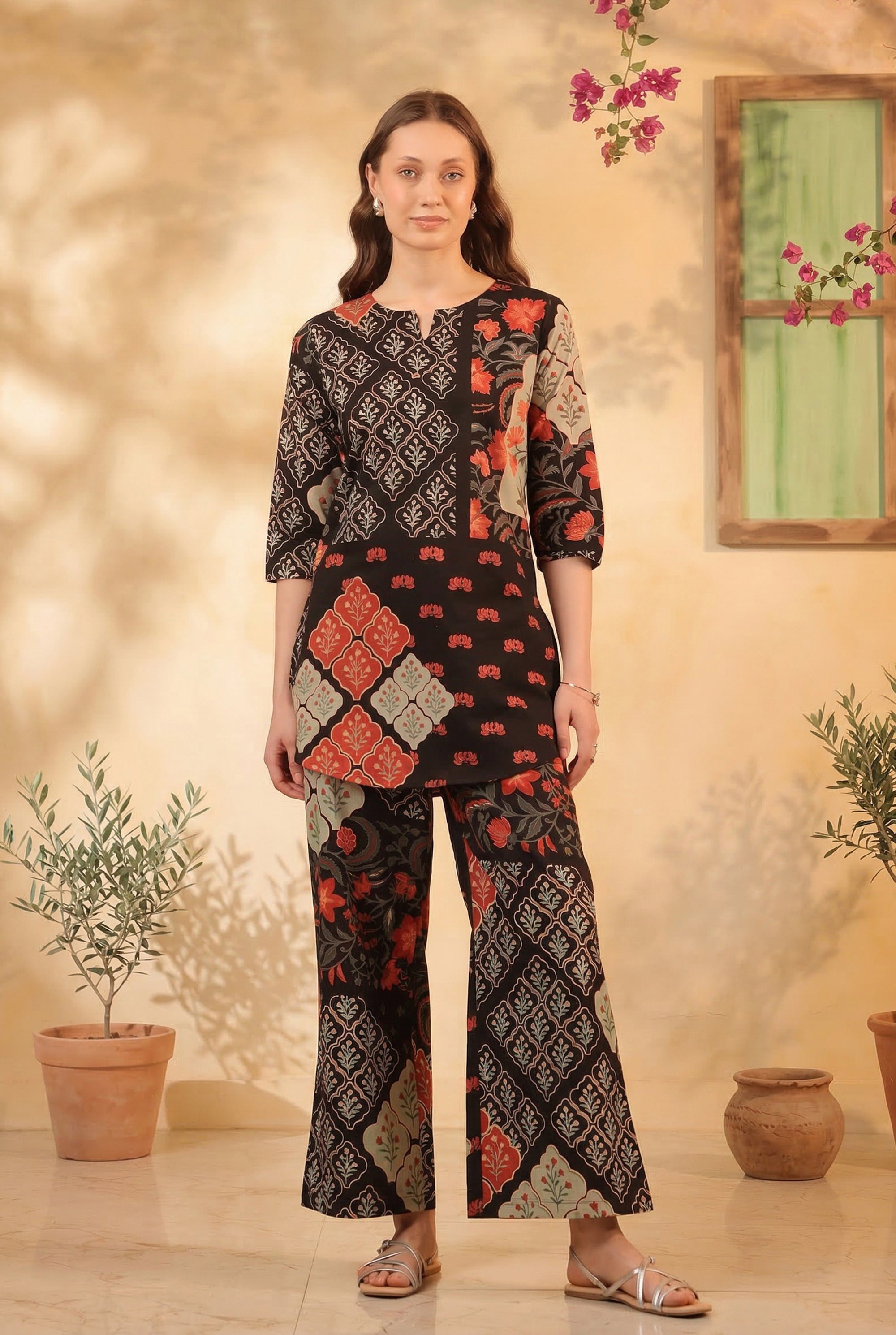 Black Ethnic Traditional Print Top and Pant Cotton Co-ord Set