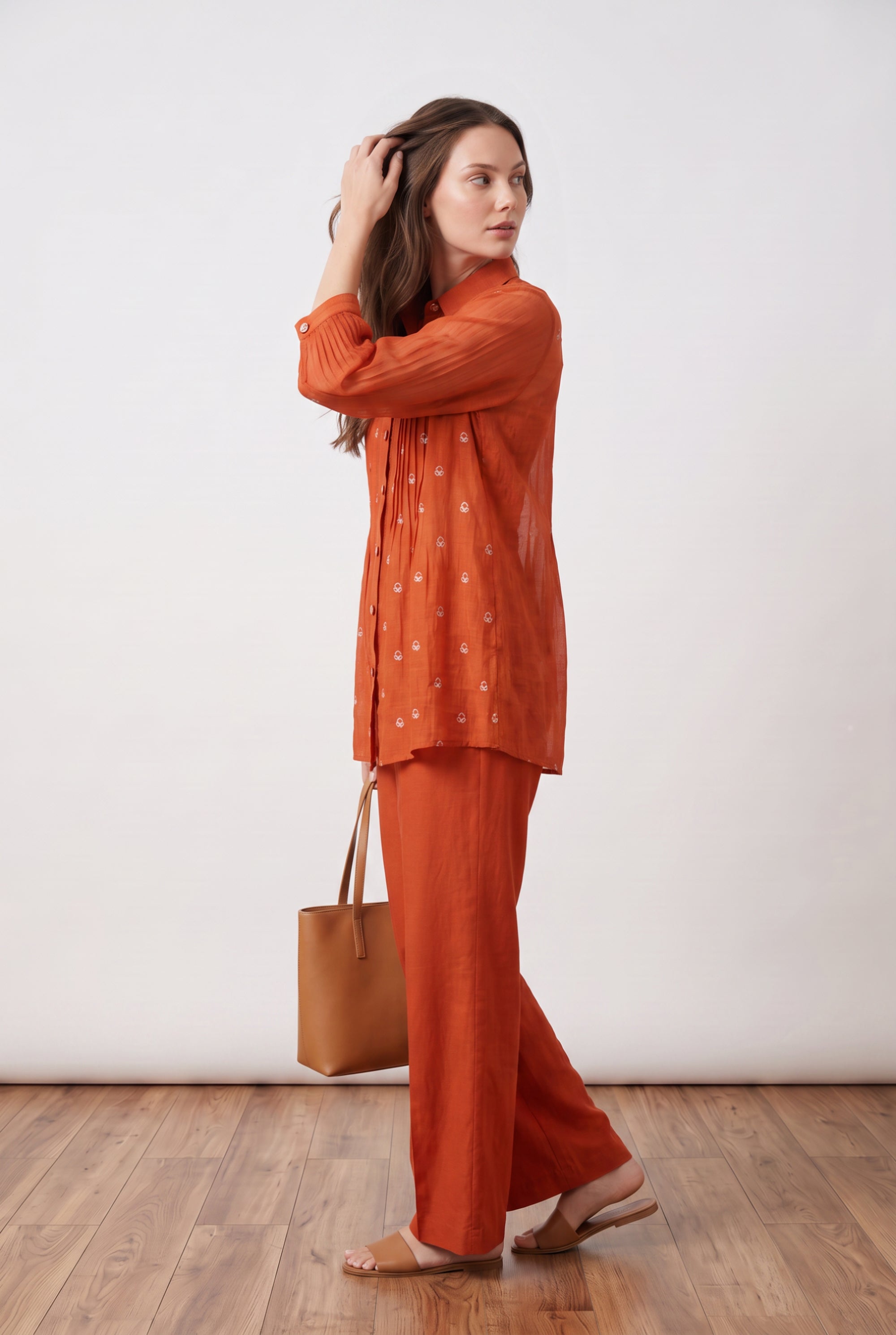 Rust Orange Pintuck Embroidered Shirt with Straight Pant Co-ord Set