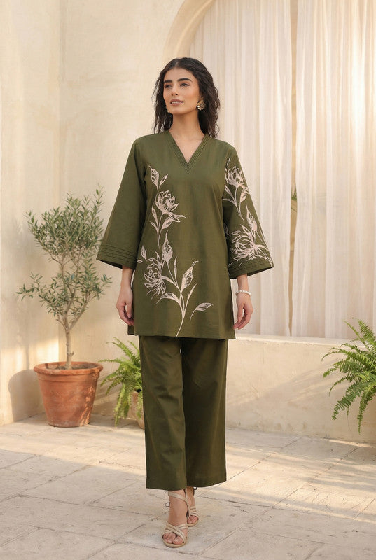 Olive Green Artistic Floral Printed Cotton Co-ord Set