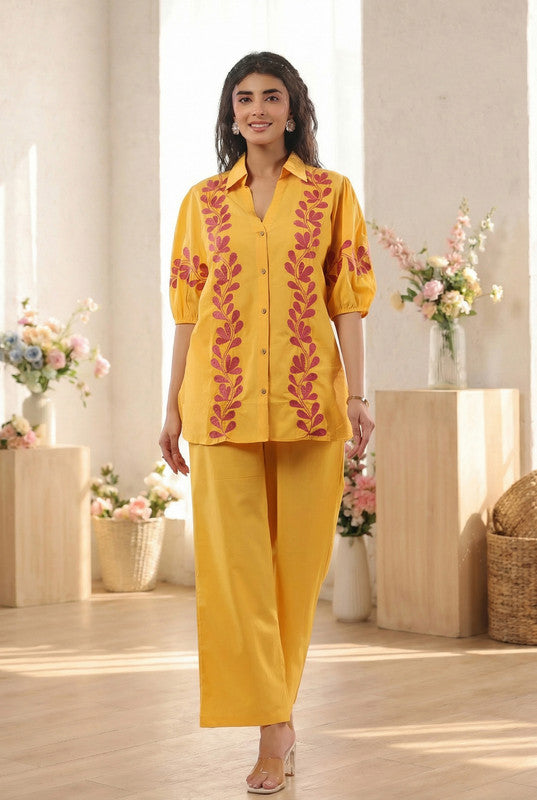 Mustard Yellow Ethnic Printed Cotton Co-ord Set with Half Puff Sleeves