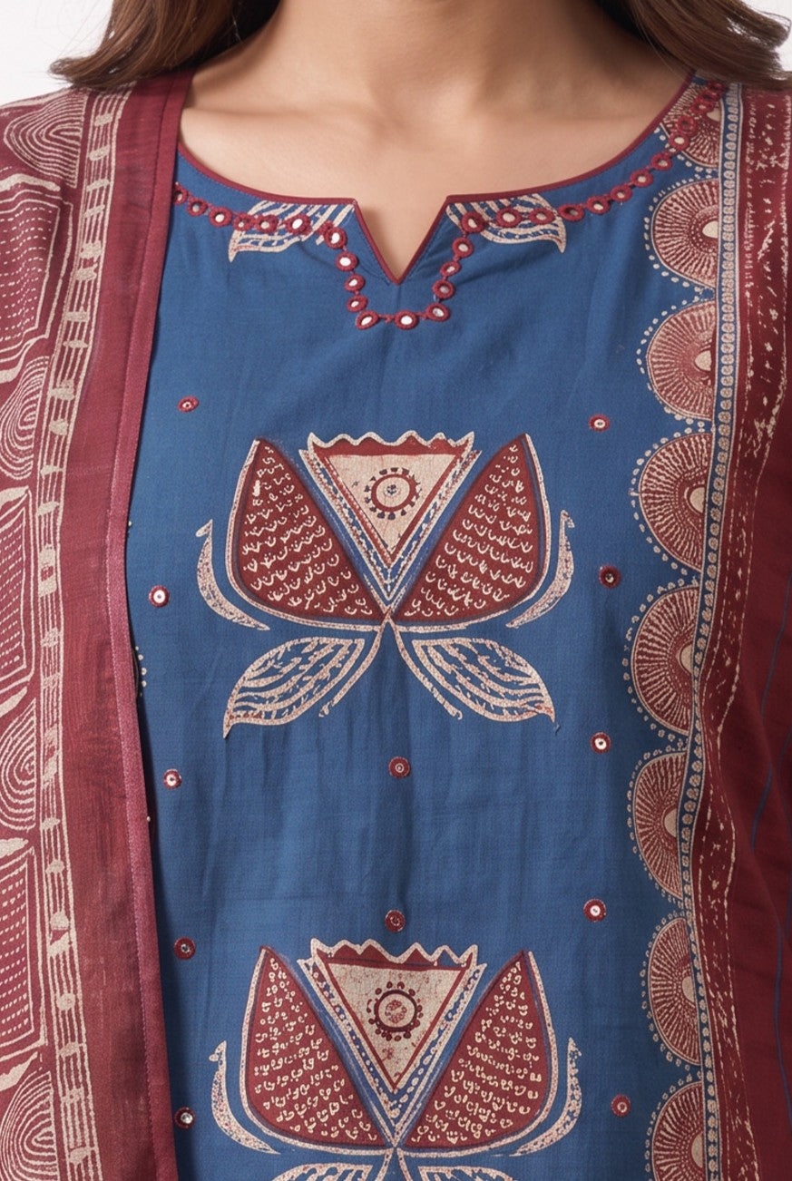 Traditional Blue Hand Block Print Inspired Cotton Kurta Set with Maroon Dupatta & Straight Pants