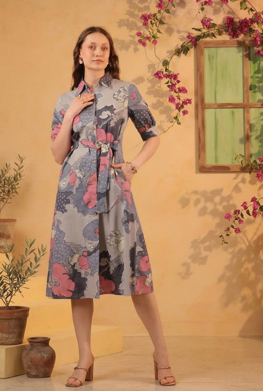 Grey Floral Abstract Printed Cotton Flex Button-Front Tie-Waist Midi Dress