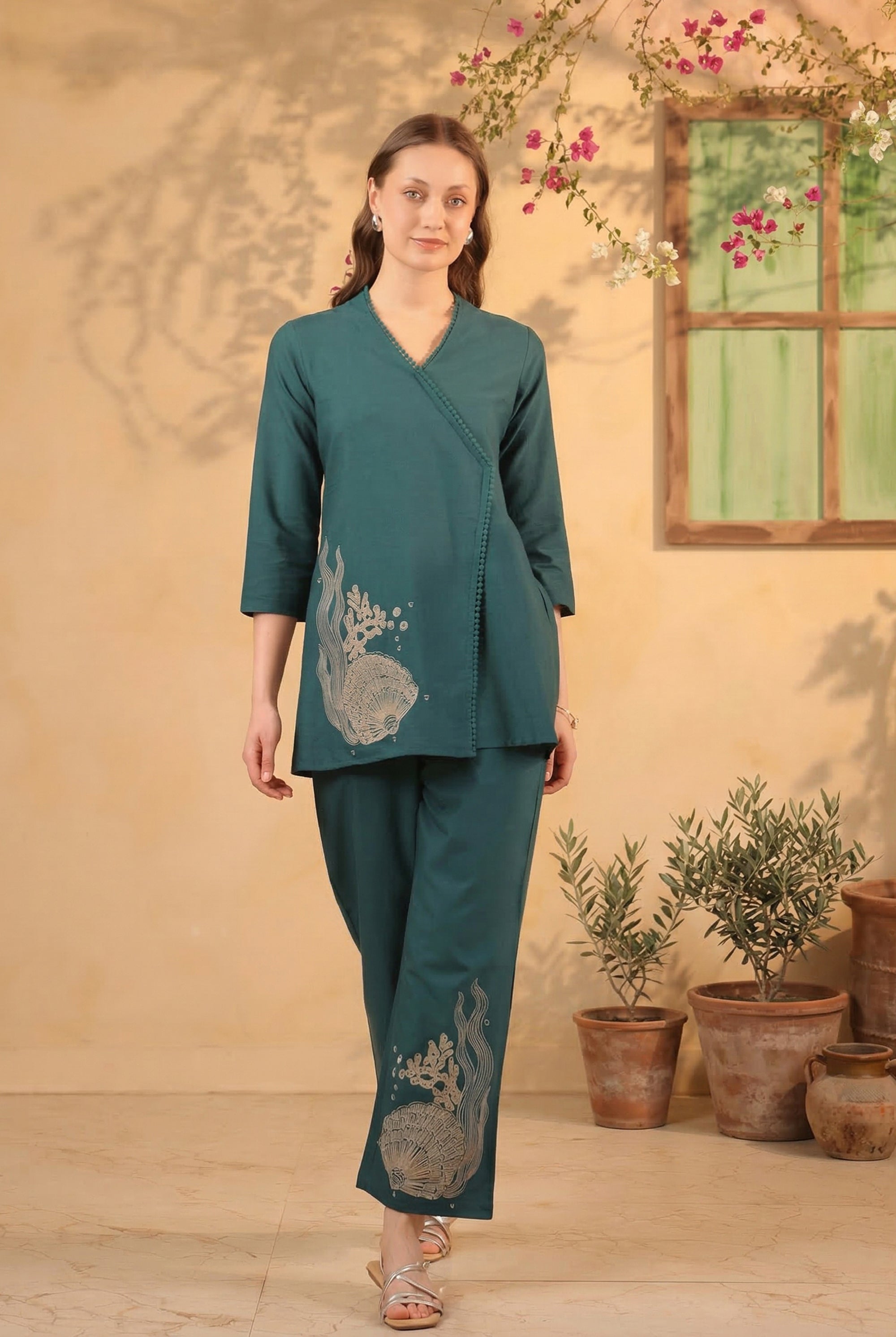 Teal Designer Contemporary Embroidered Cotton Flex Tunic with Straight Pants Co-ord Set
