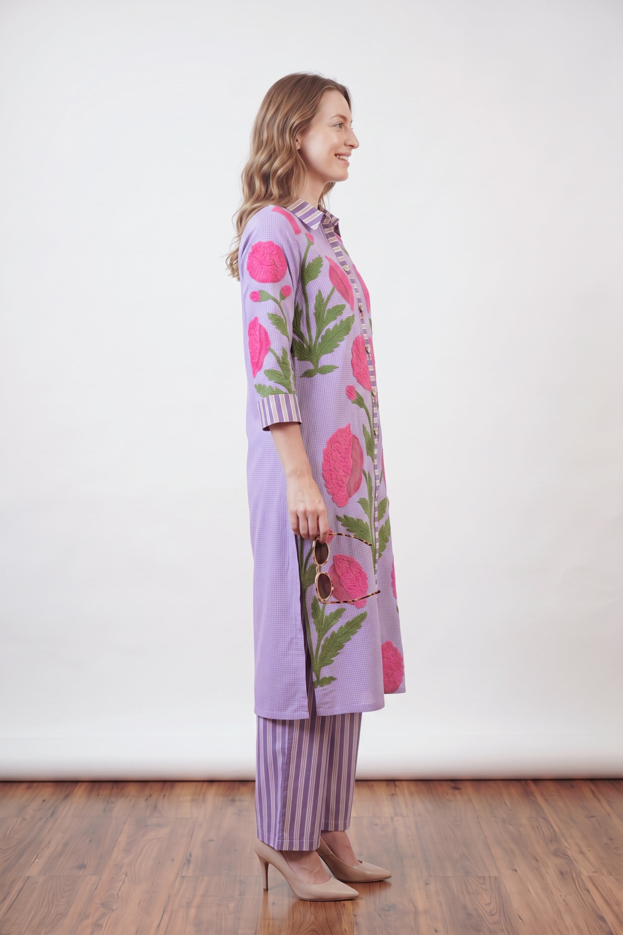 Multicolour Floral Printed Straight Cotton Kurta with Matching Striped Pant