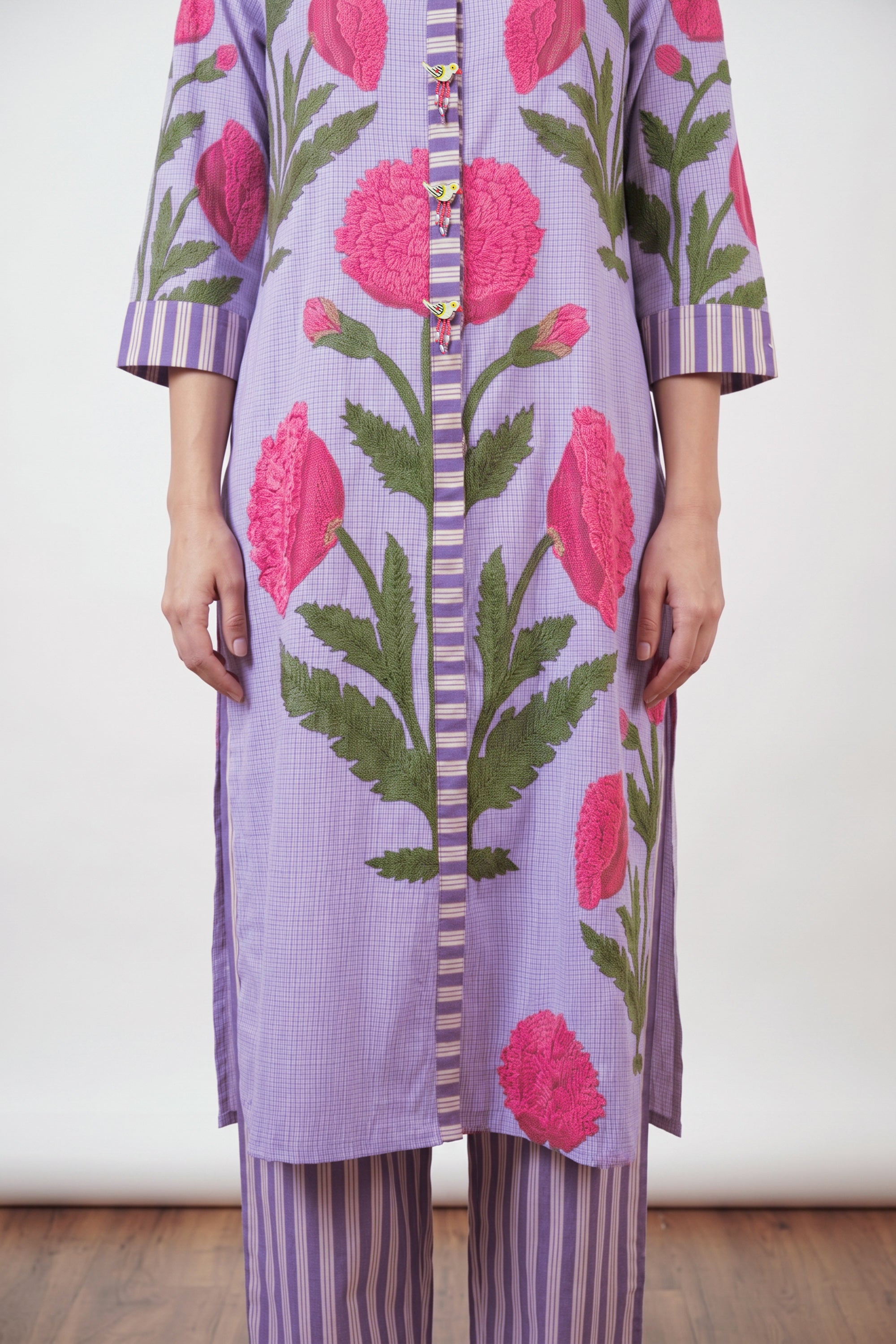 Multicolour Floral Printed Straight Cotton Kurta with Matching Striped Pant