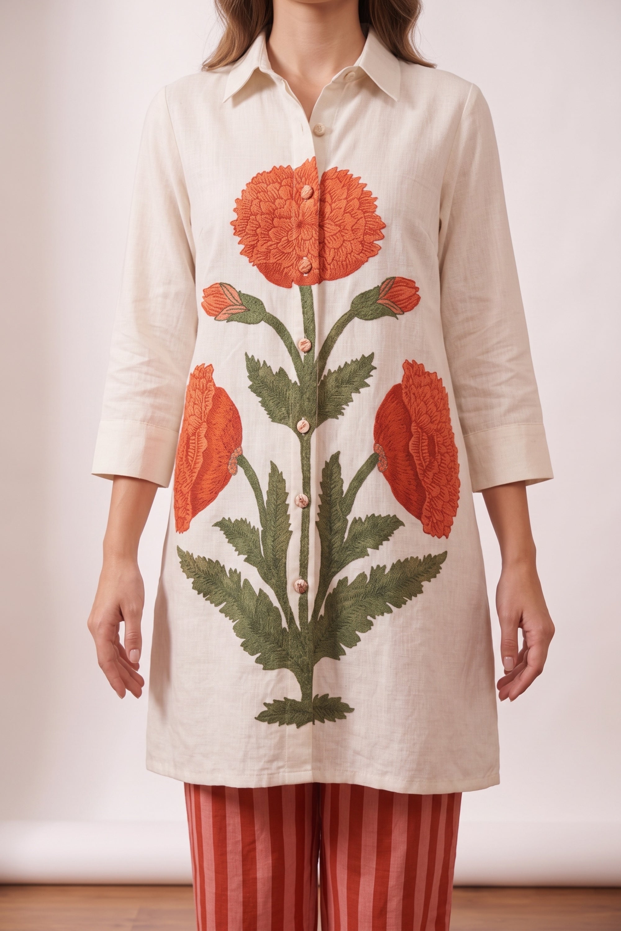 Off-White Botanical Floral Printed Cotton Flex Top with Coral Striped Pant Co-ord Set