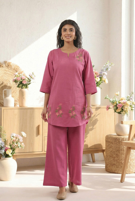 Rose Pink Floral Embroidered Cotton Flex Co-ord Set