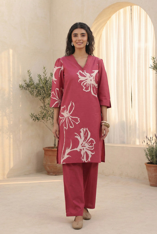 Rose Pink Elegant Floral Printed Cotton Co-ord Set
