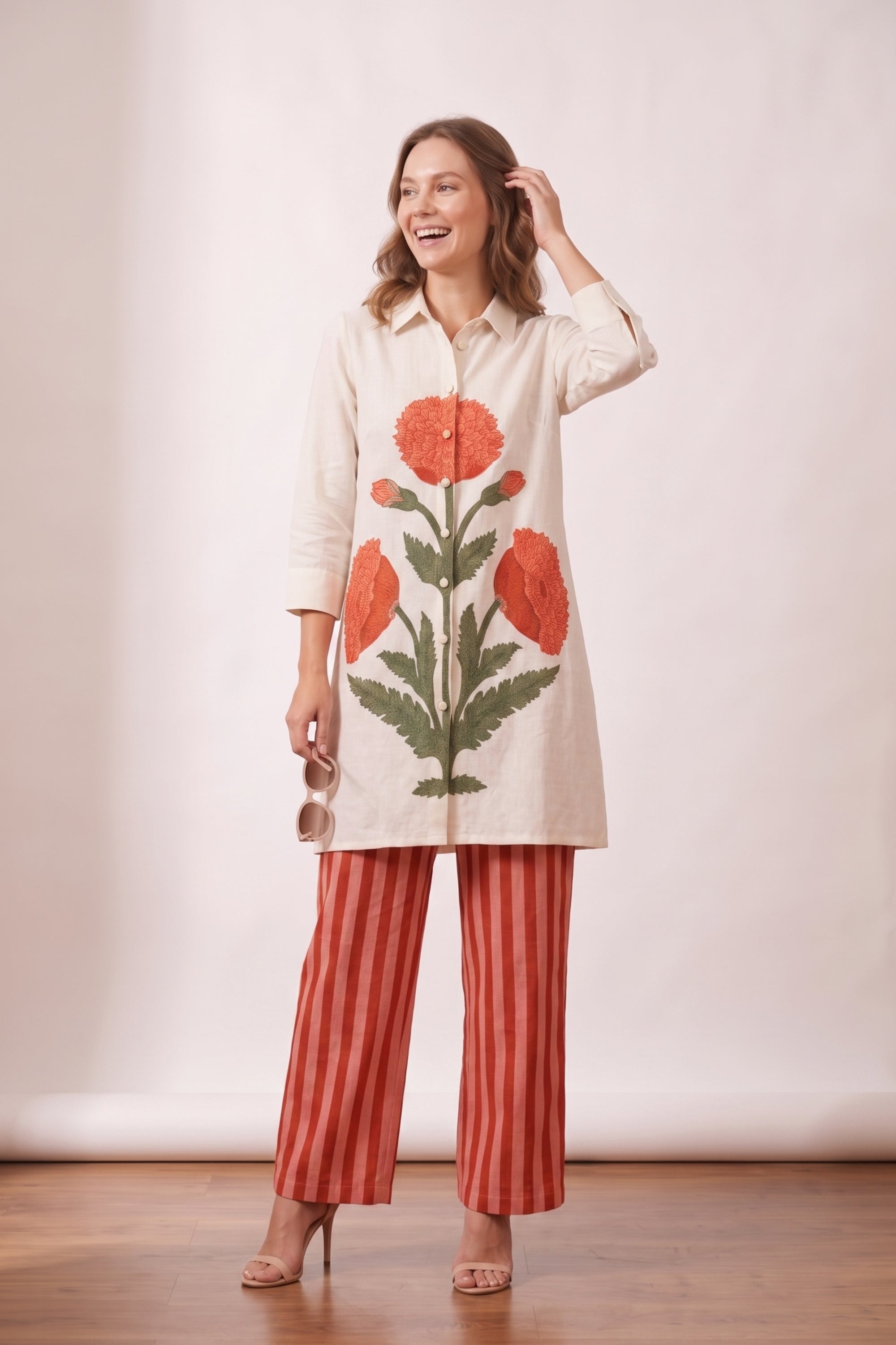 Off-White Botanical Floral Printed Cotton Flex Top with Coral Striped Pant Co-ord Set