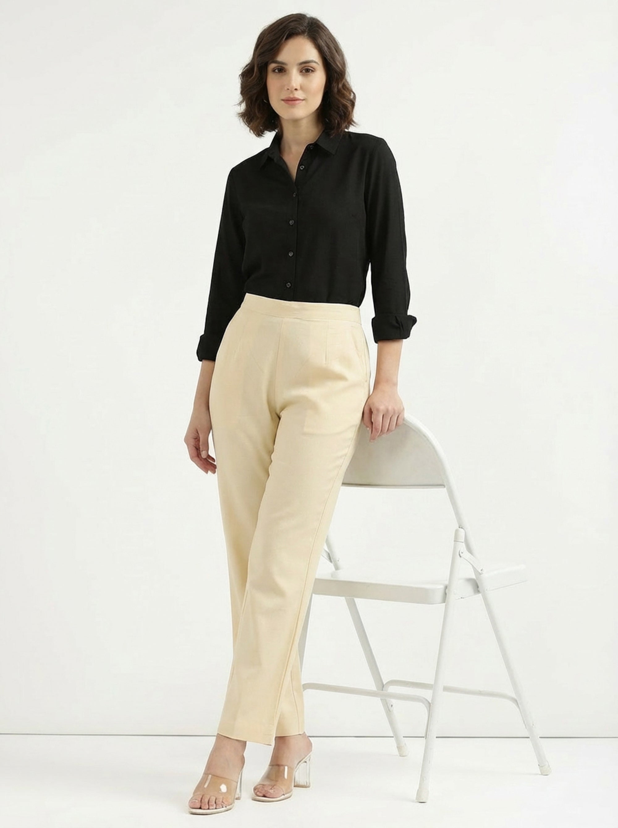 Solid Ivory Straight Fit Cotton Pants