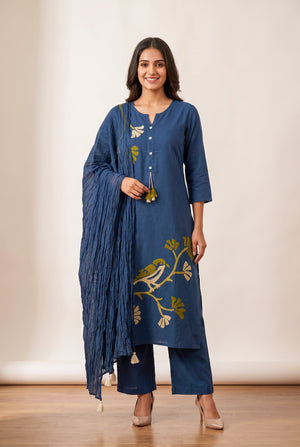 Indigo Bird Embroidered Cotton Kurta Set
