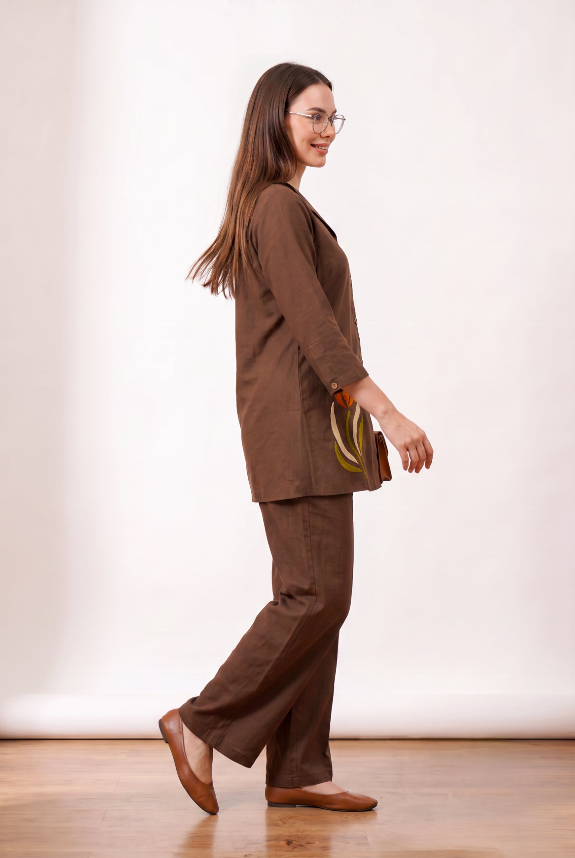 Brown Tulip Embroidered Button-Down Shirt with Wide Leg Pant Cotton Flex Co-ord Set
