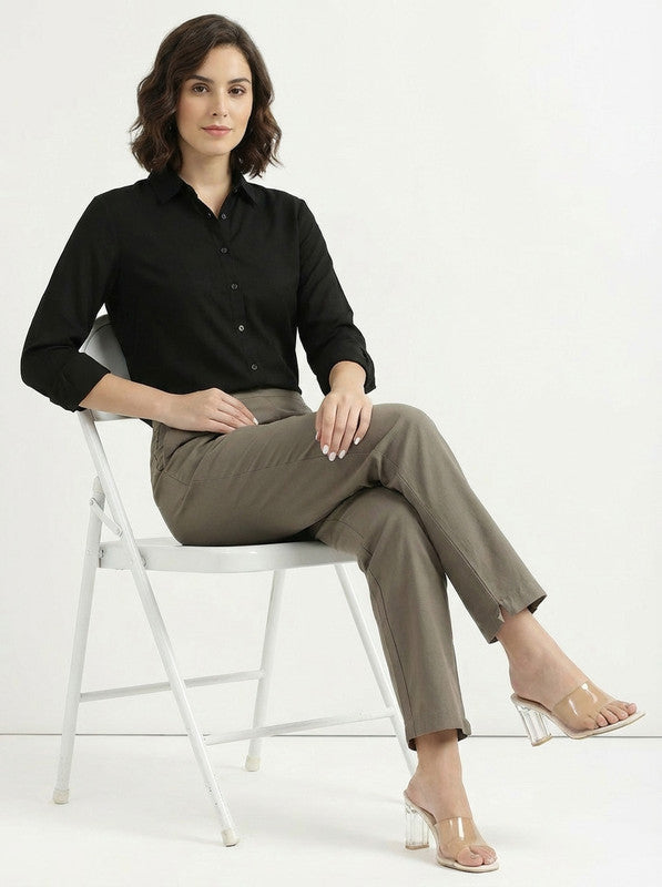 Elegant Solid Brown High Waist Straight Fit Cotton Pants