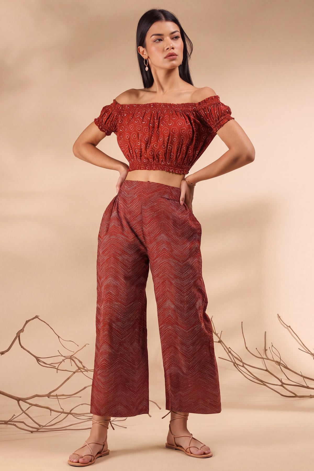 Abstract on Maroon Off-Shoulder Cotton Co-ord Set