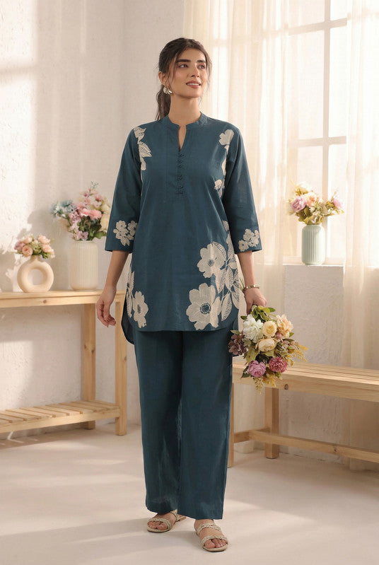 Teal Elegant Floral Printed Cotton Co-ord Set