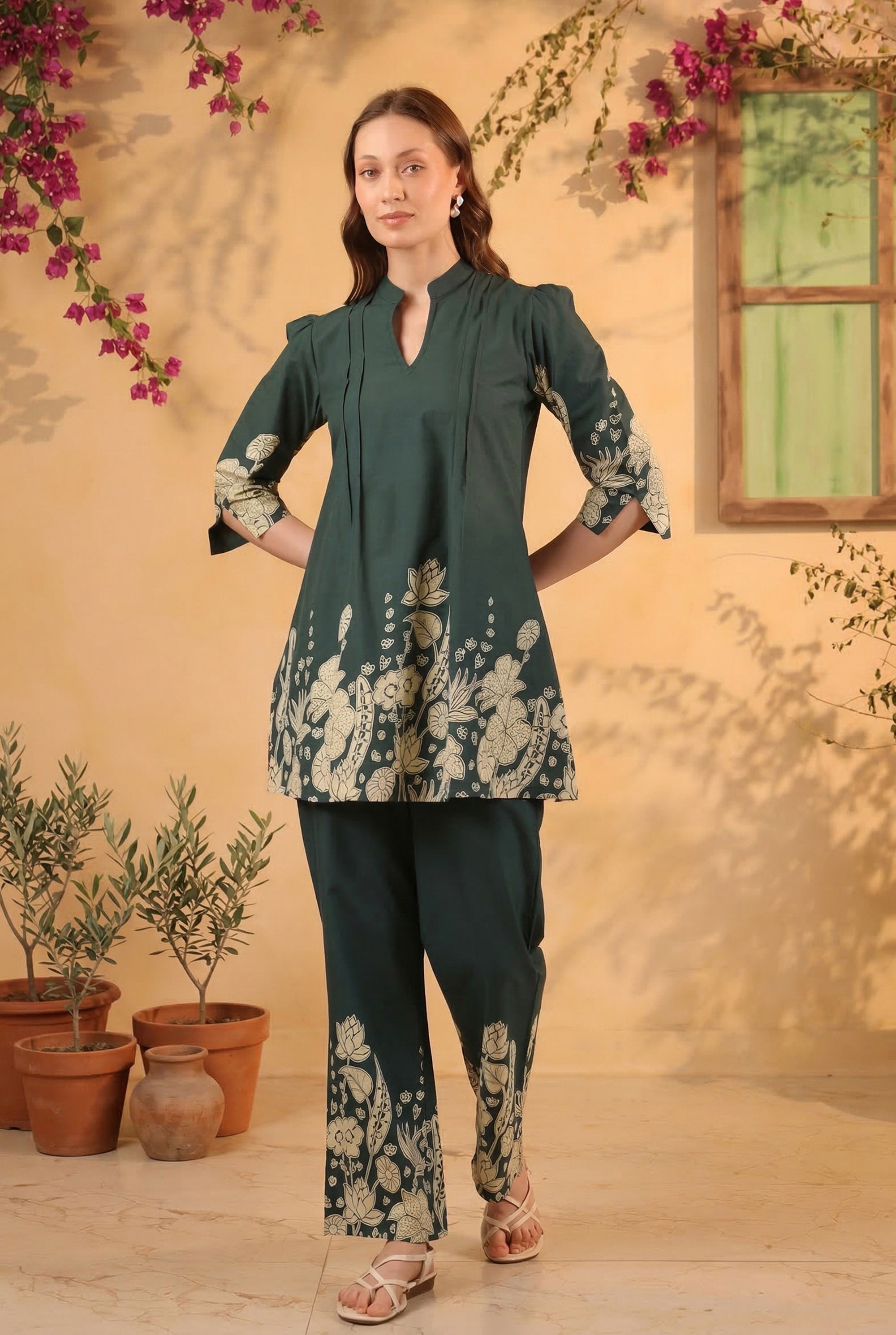 Teal Green Floral Statement Printed Cotton Co-ord Set