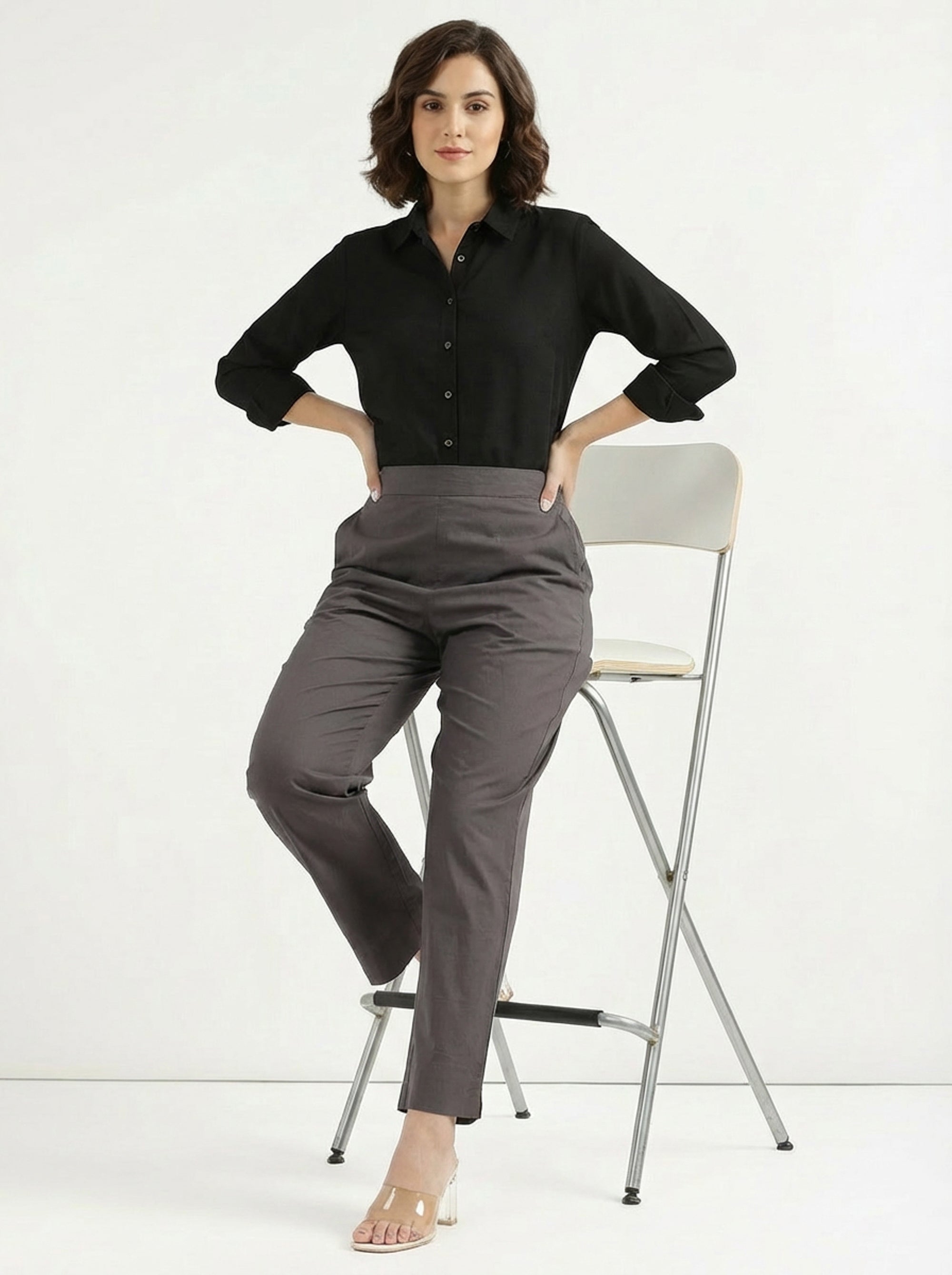 Smart Fit Solid Charcoal Grey Straight Formal Cotton Pants