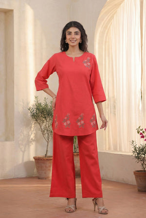 Coral Red Minimal Floral Embroidered Cotton Flex Co-ord Set
