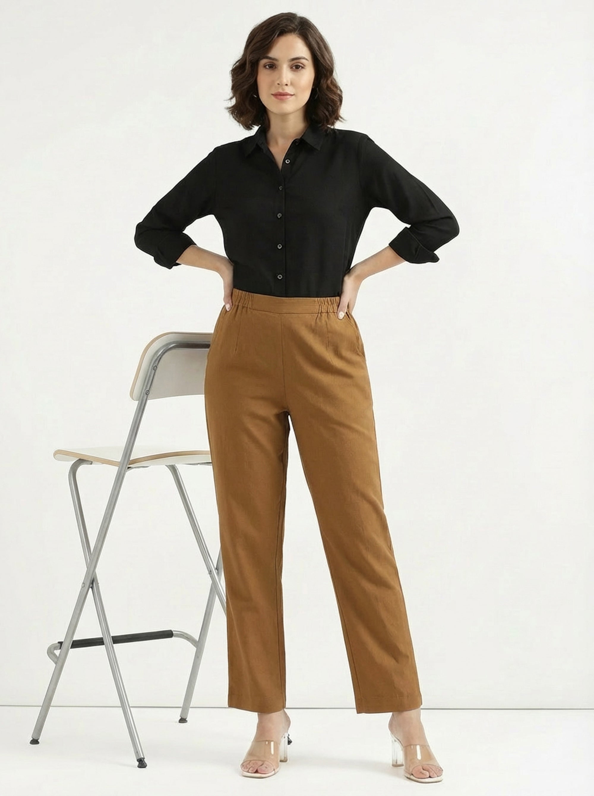 Solid Mustard Brown High Waist Straight Fit Cotton Pants