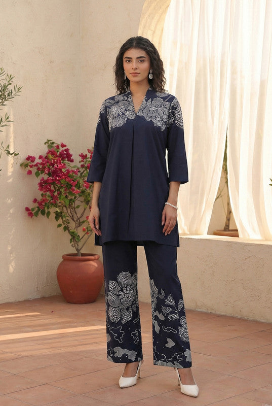 Navy Blue Elegant Floral Cotton Co-ord Set