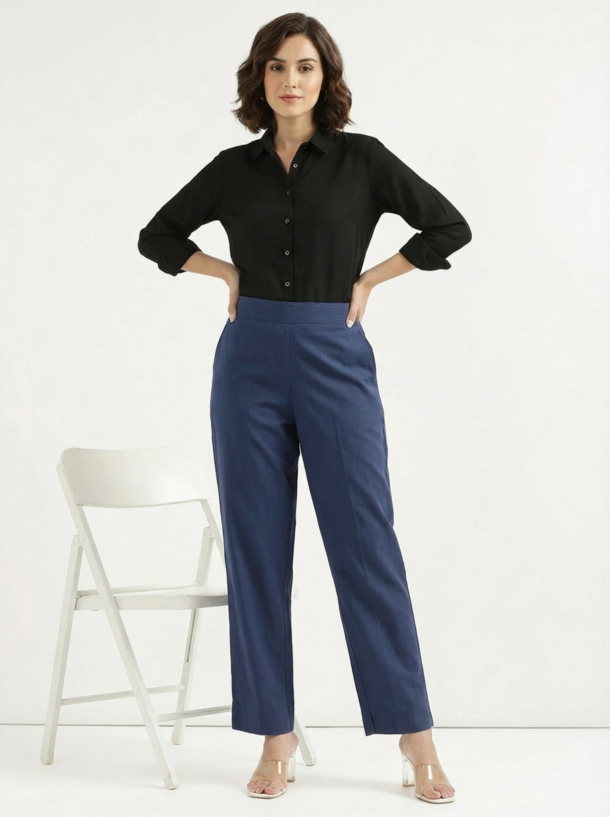 High Rise Blue Solid Straight Fit Cotton Pants