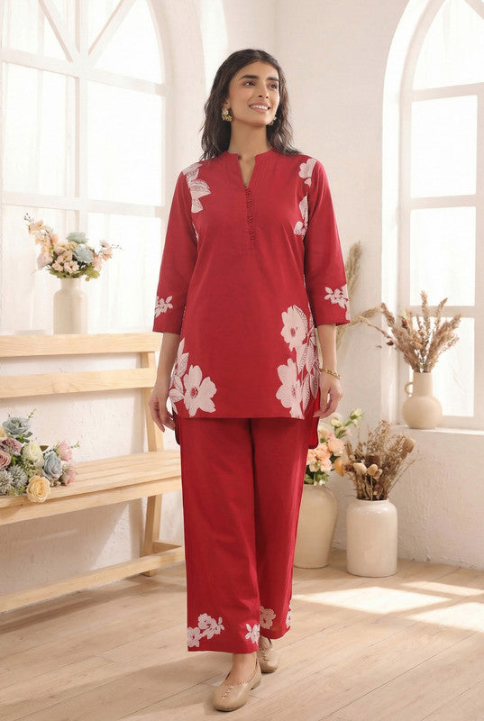 Red Floral Printed Cotton  Co-ord Set with Matching Pants