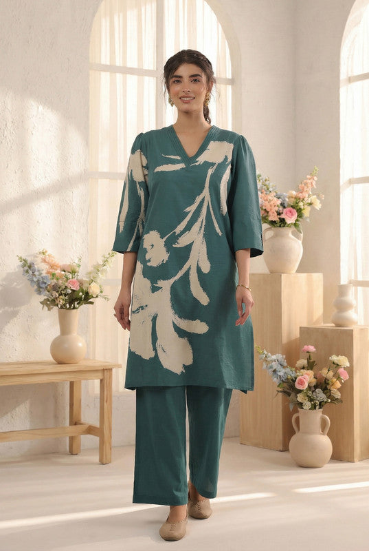 Teal Abstract Floral Printed Cotton Co-ord Set