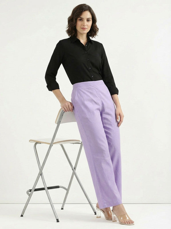 Solid Lavender High Waist Wide Leg Relaxed Fit Cotton Pants